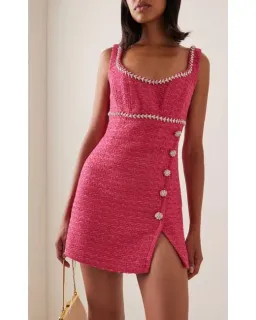 Self Portrait Crystal Embellished Tweed Bouclé Mini Dress Pink Size 8 for rent on The Volte - image 2