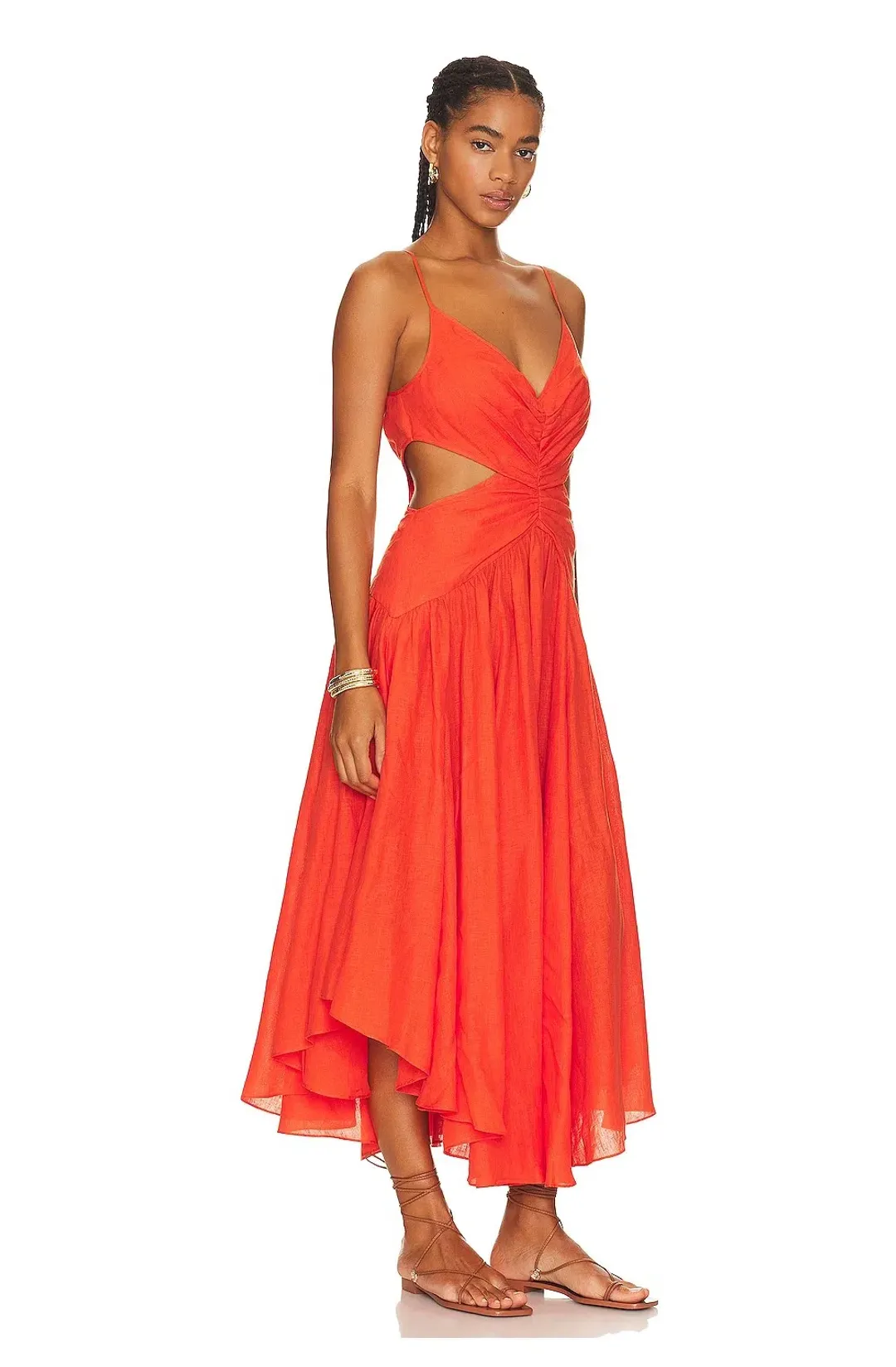 Zimmerman Raie Plunge Cut Out Midi Dress in Tangerine Size 8 for rent on The Volte - main image