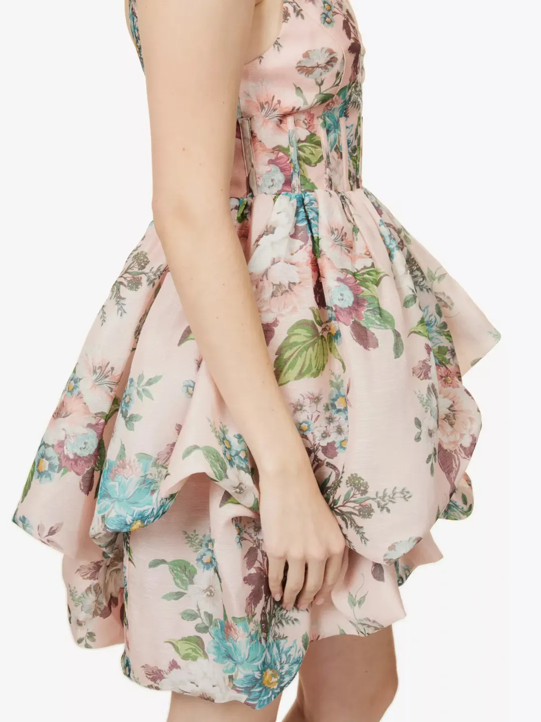 Zimmermann Matchmaker Drape Mini Dress Pink Barkcloth Floral Size 0 / AU 8 for rent on The Volte - main image