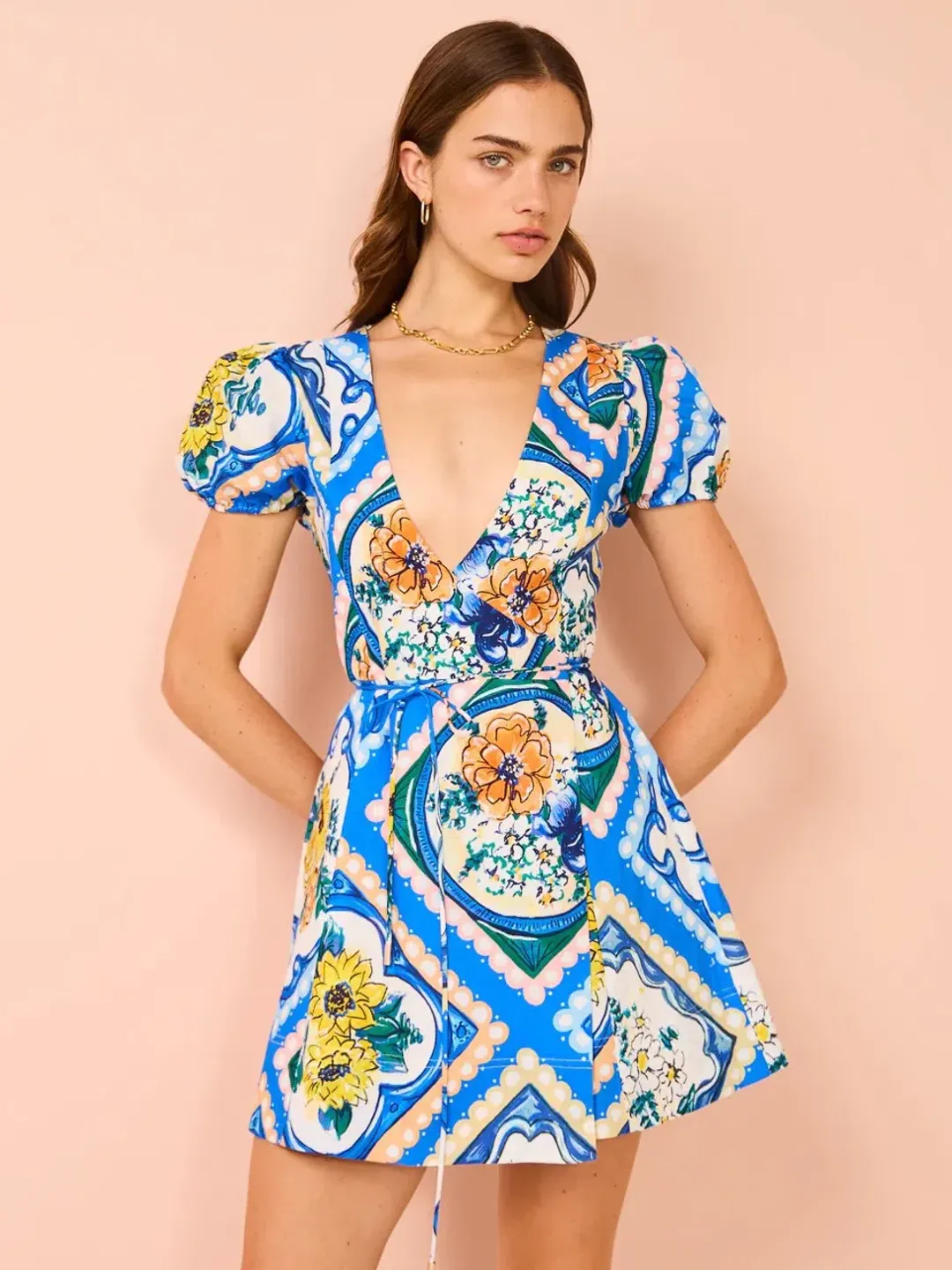 By Nicola - Havana Wrap Mini Dress In Azure Floral - Size 8 (Fits 6-8 best) for rent on The Volte - main image