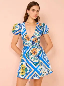 By Nicola - Havana Wrap Mini Dress In Azure Floral - Size 8 (Fits 6-8 best) for rent on The Volte - image 2