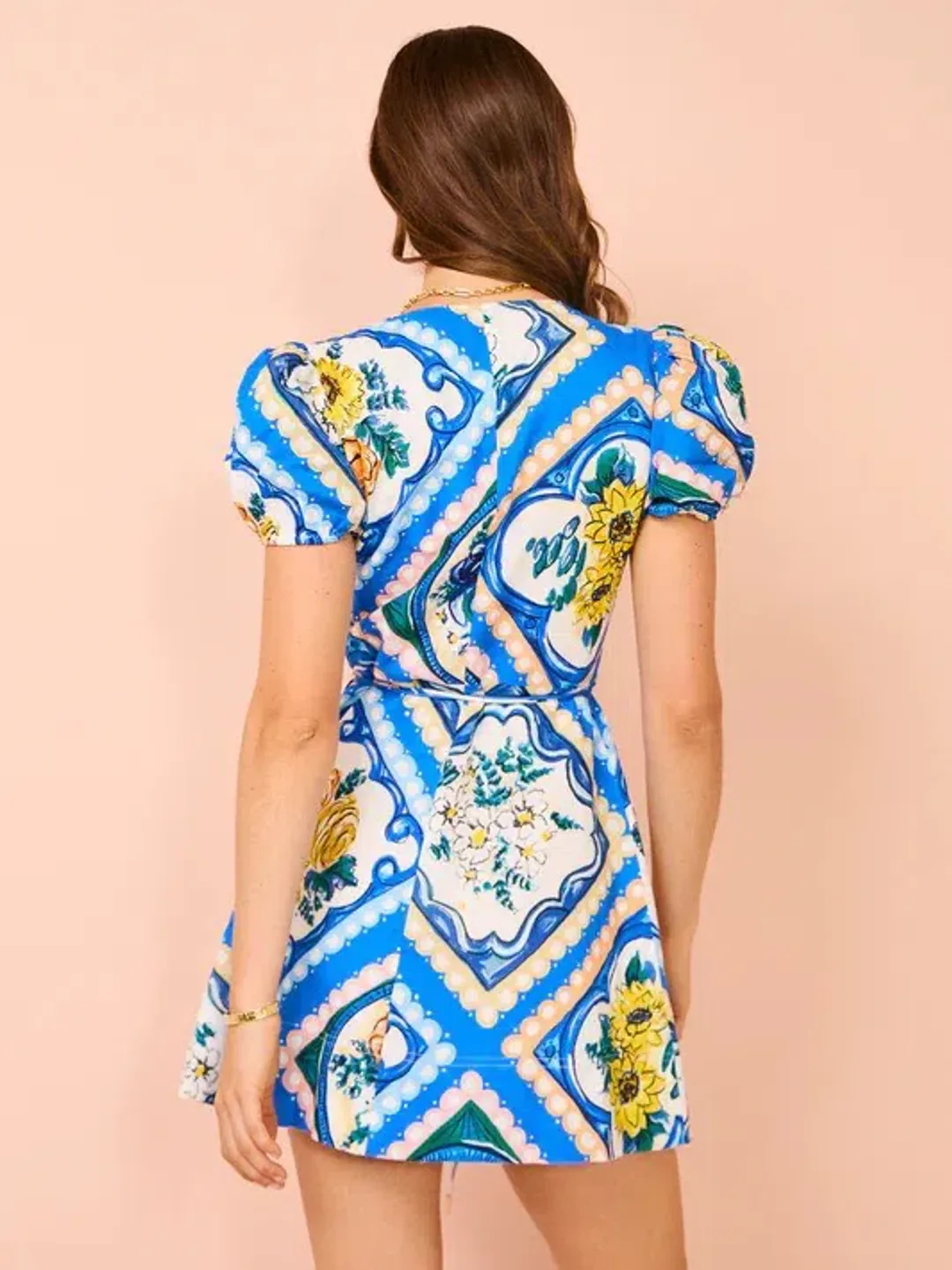 By Nicola - Havana Wrap Mini Dress In Azure Floral - Size 8 (Fits 6-8 best) for rent on The Volte - main image