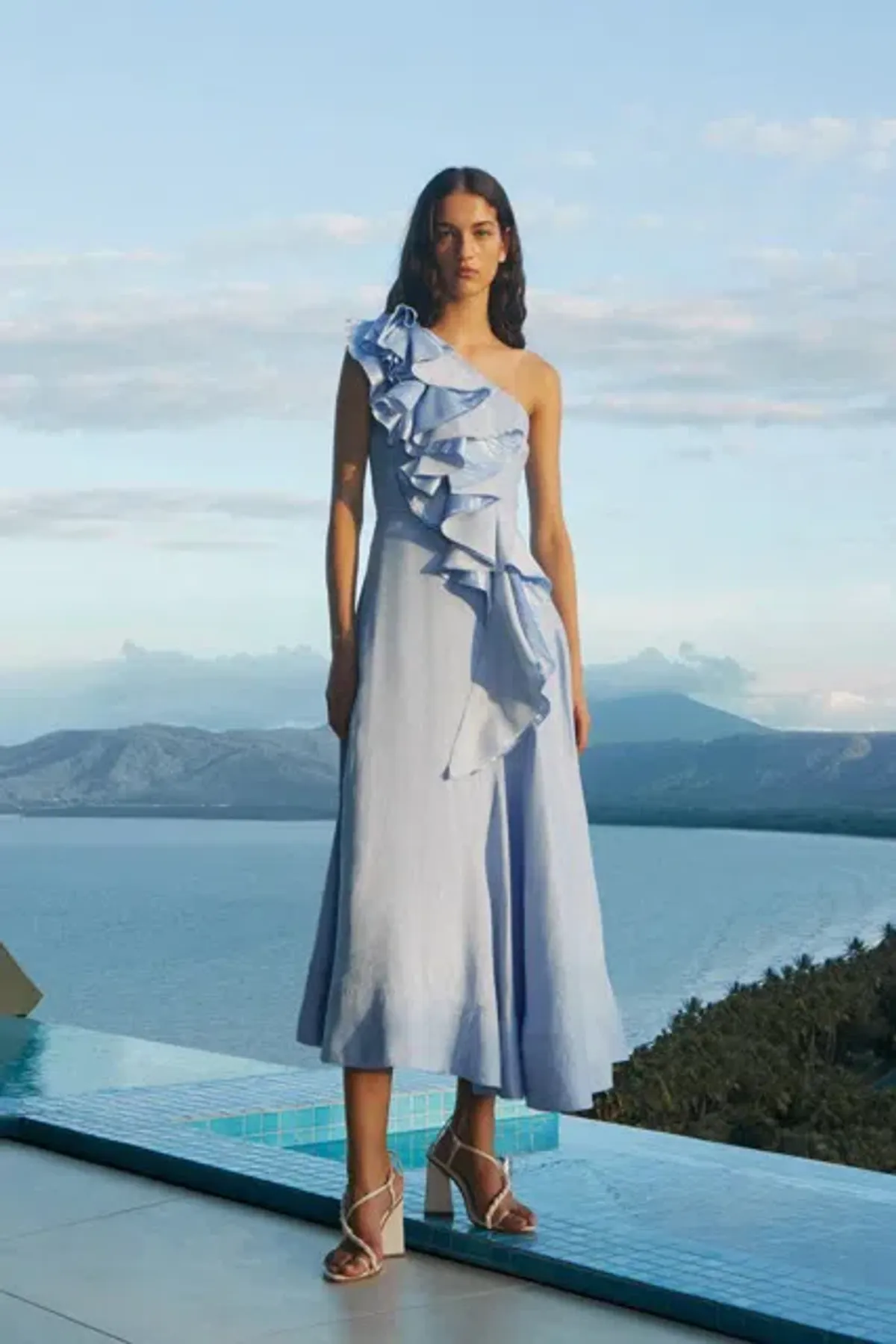 AJE - Adelia One Shoulder Ruffled Linen Blend Dress Light Sky Blue - Size 14 - Image 3