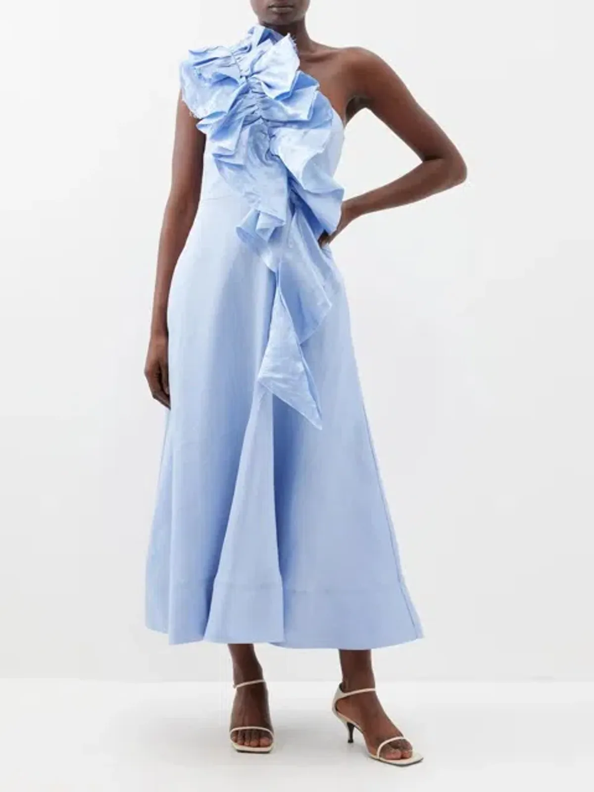 AJE - Adelia One Shoulder Ruffled Linen Blend Dress Light Sky Blue - Size 14 - Image 2