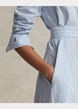 Ralph Lauren Belted Striped Linen Cotton Shirtdress Blue Size 6 for rent on The Volte - image 4