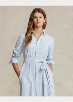 Ralph Lauren Belted Striped Linen Cotton Shirtdress Blue Size 6 for rent on The Volte - image 2