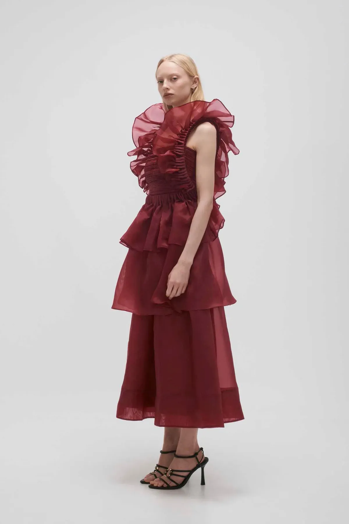 AJE ASRA PLEATED FRILL MIDI DRESS RED SIZE 8 - Image 3