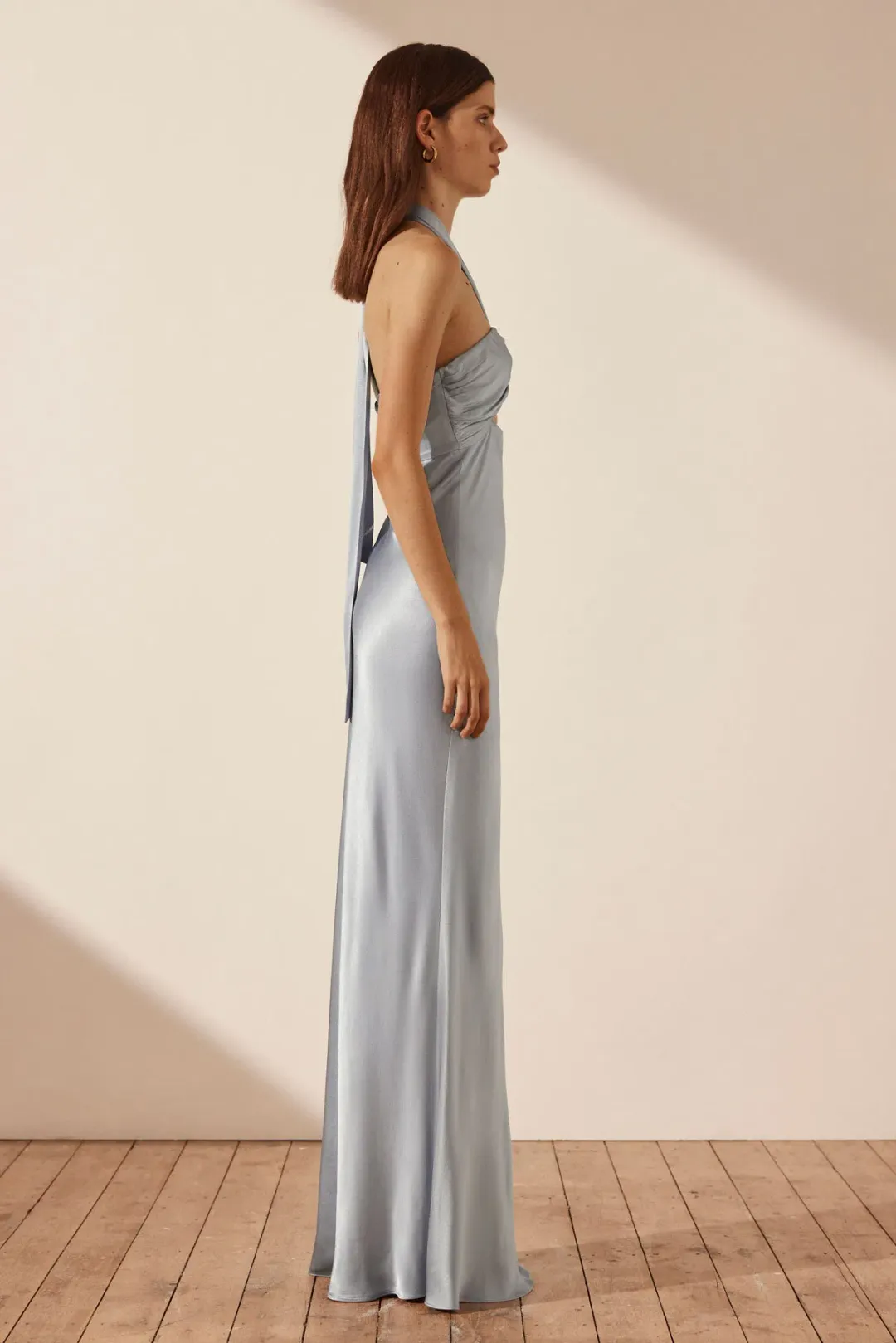 Shona Joy La Lune Ruched Halter Maxi Dress Powder Blue Size AU 8 for rent on The Volte - main image