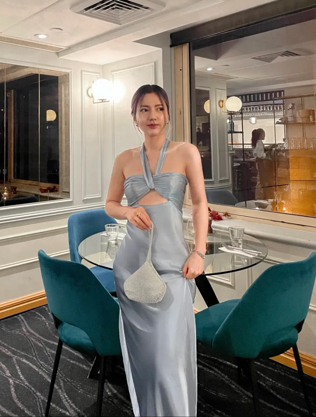 Shona Joy La Lune Ruched Halter Maxi Dress Powder Blue Size AU 8 for rent on The Volte - main image