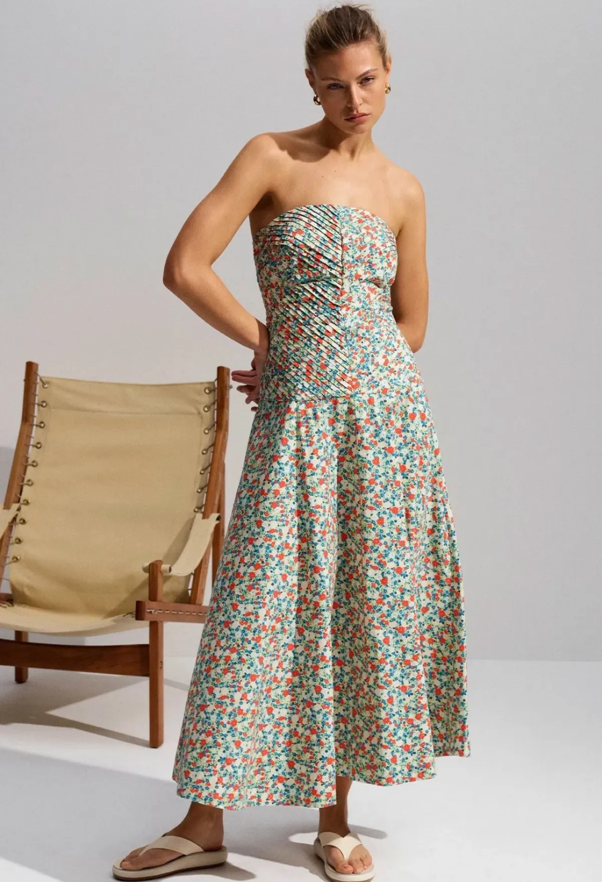 Shona Joy Ulani Strapless Pleated Midi Dress Multi Floral Size 10 - Image 4
