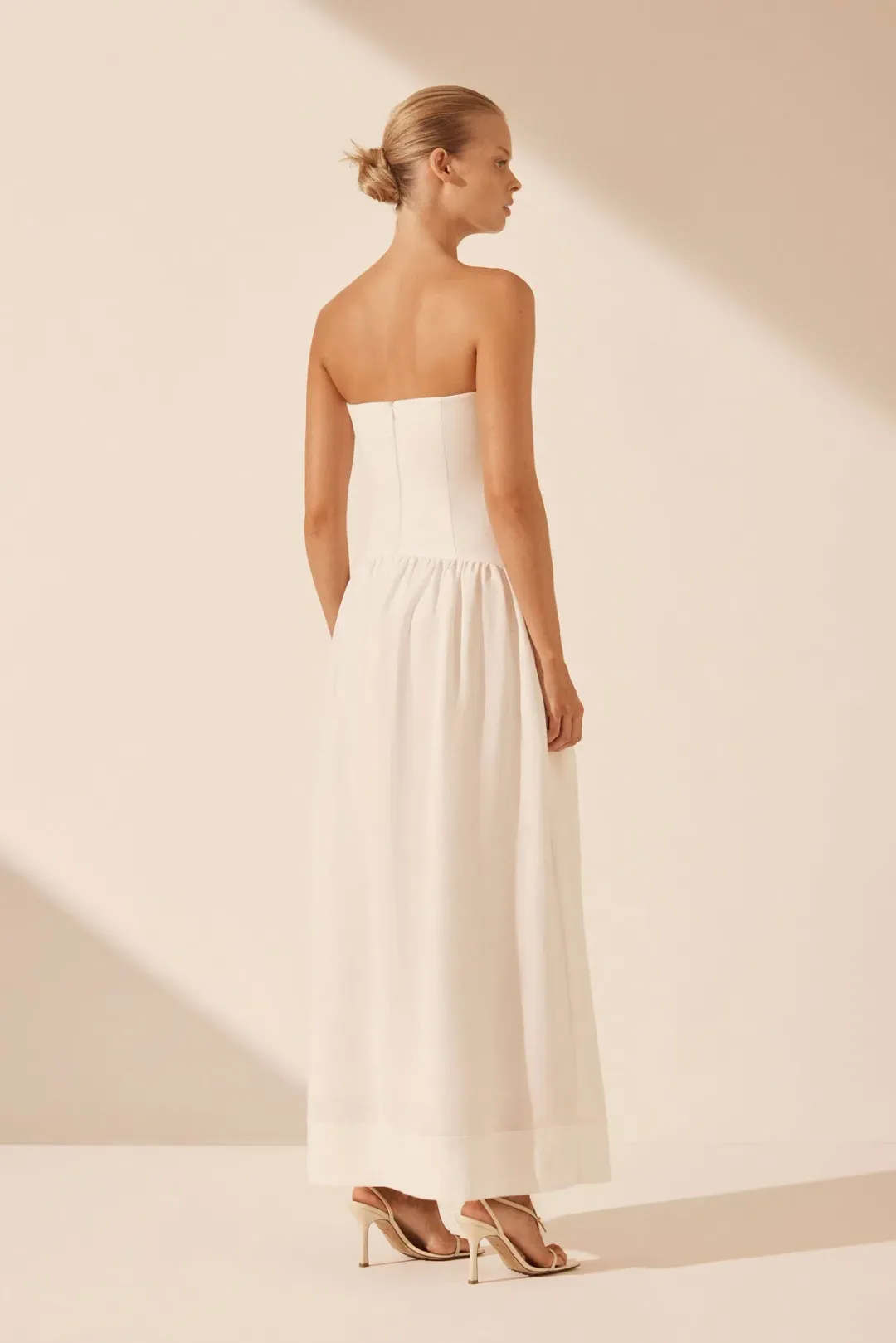 Shona Joy Blanc Linen Strapless Panelled Drop Waist Maxi Dress Ivory Size XS / AU 6 for rent on The Volte - main image