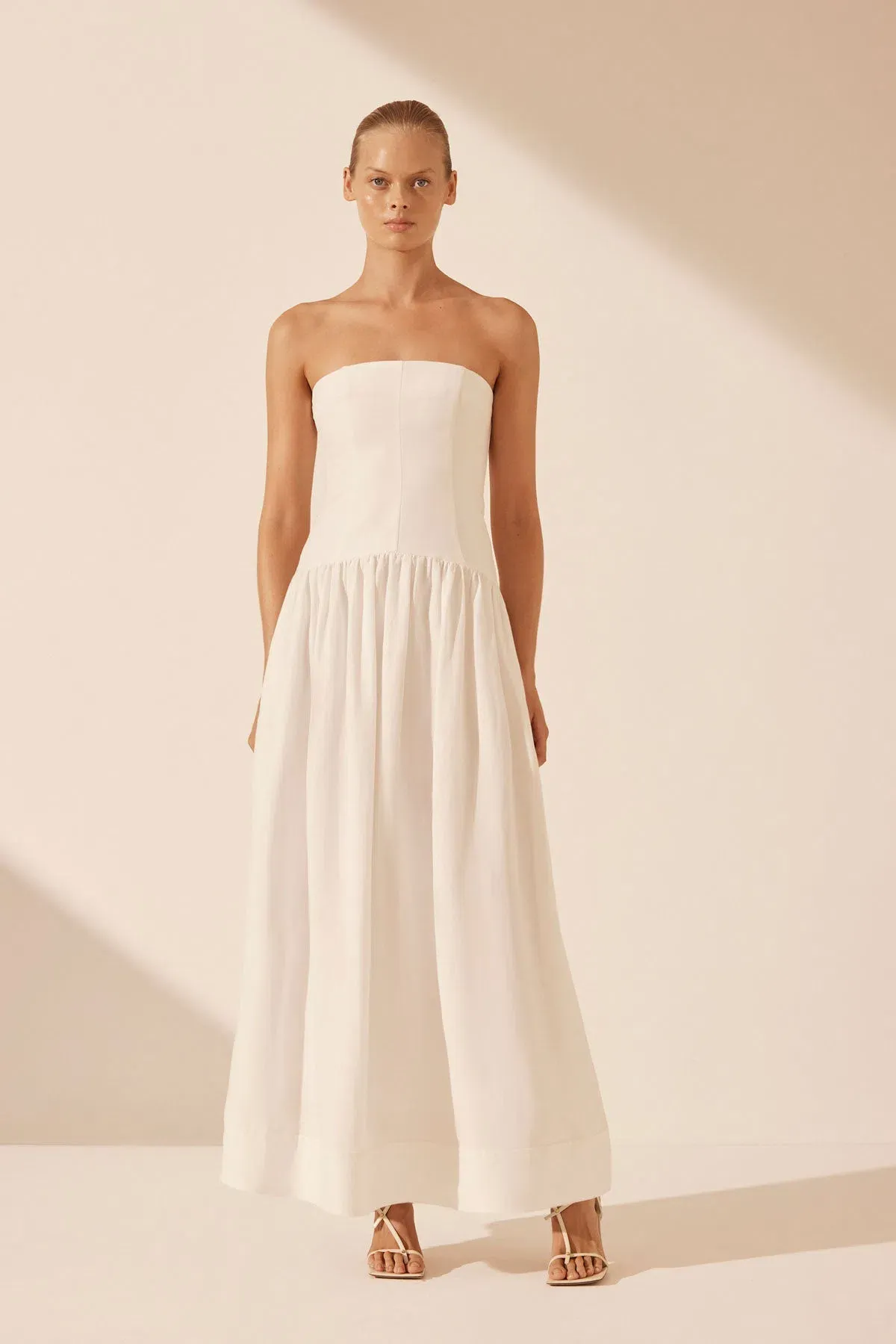 Shona Joy Blanc Linen Strapless Panelled Drop Waist Maxi Dress Ivory Size XS / AU 6 for rent on The Volte - main image