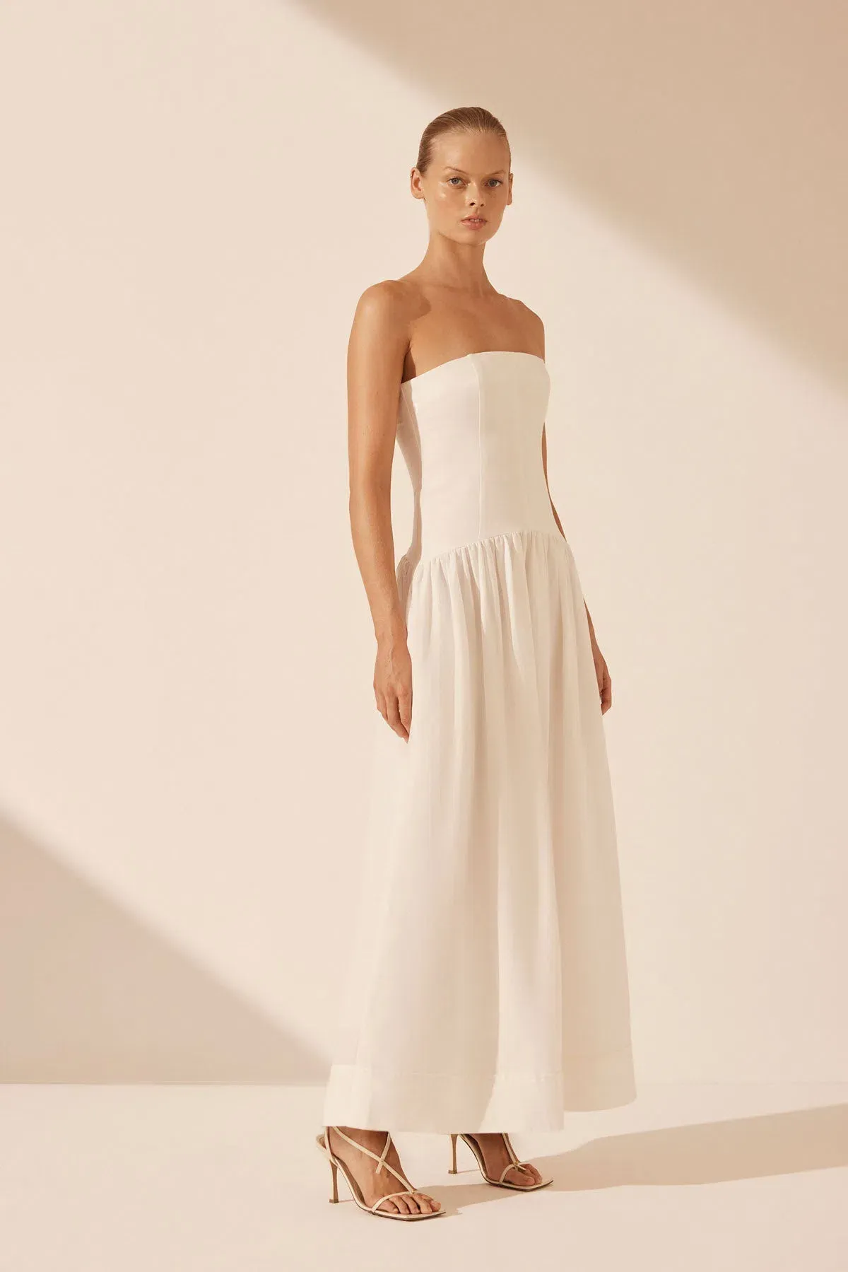 Shona Joy Blanc Linen Strapless Panelled Drop Waist Maxi Dress Ivory Size XS / AU 6 - Image 2