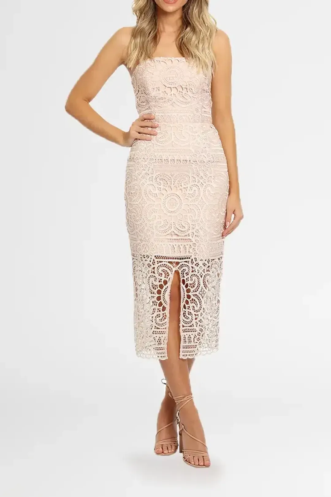 Nicholas Blush Geo Floral Lace Strapless Dress Pink Size 12 for rent on The Volte - main image