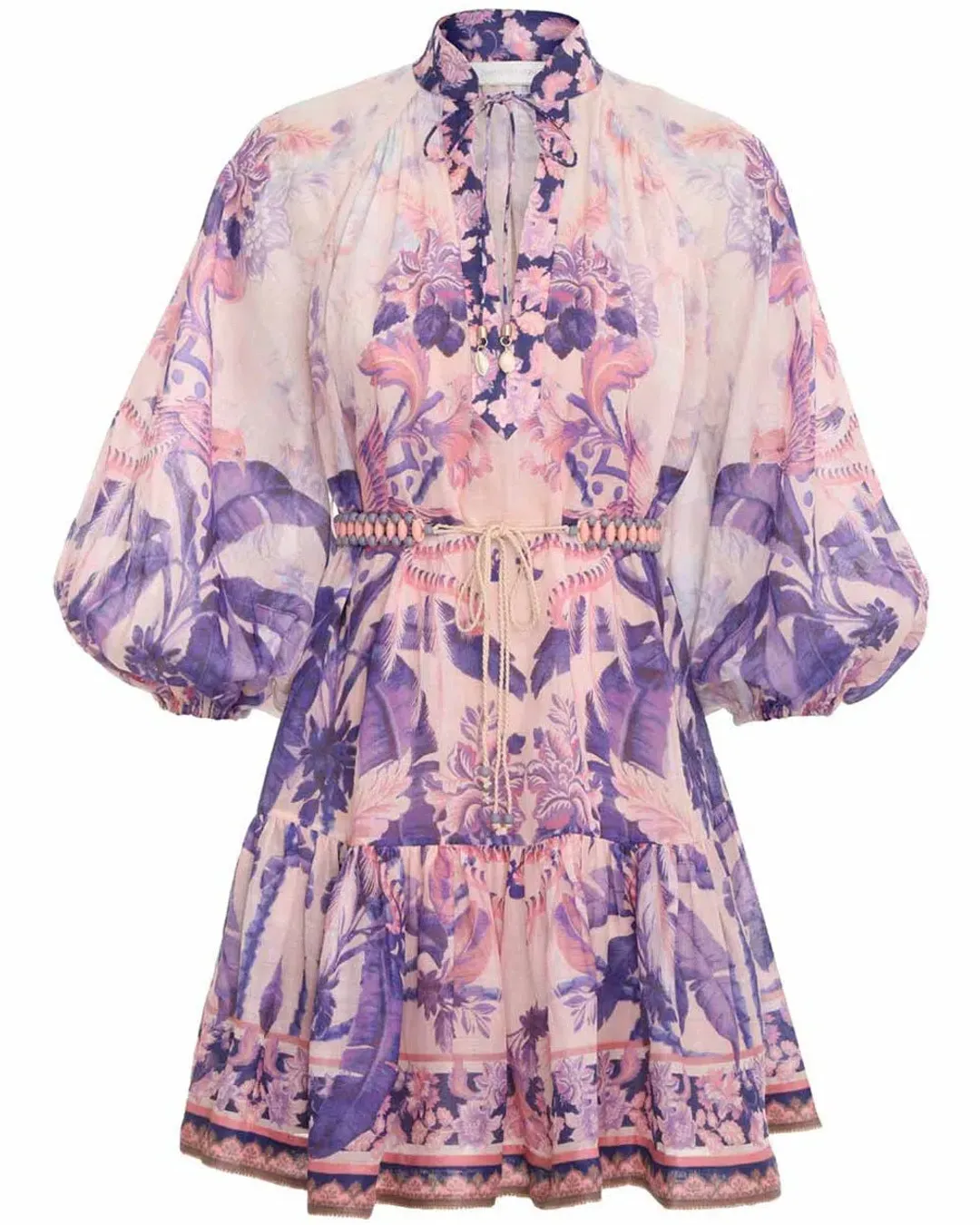Zimmermann The Lyre Billow Mini Dress in Purple Palm Size 2 AU 12 for rent on The Volte - main image