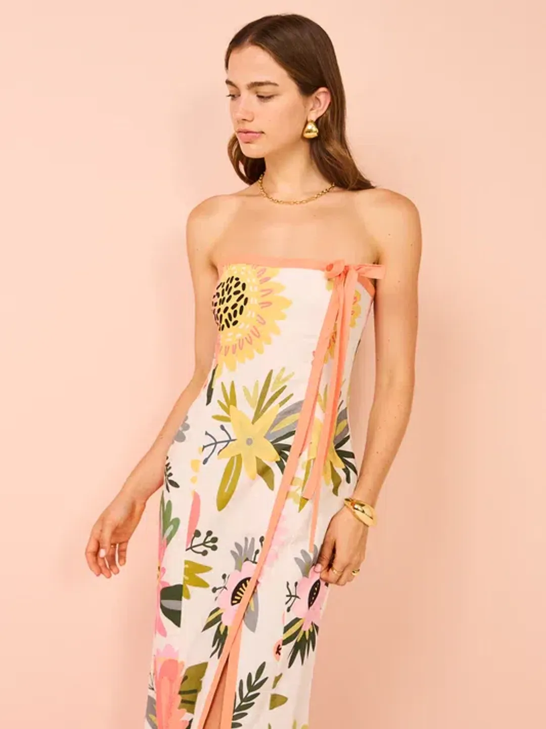 By Nicola Claudia Strapless Wrap Maxi Dress Potpourri/Melon Size 8 for rent on The Volte - main image