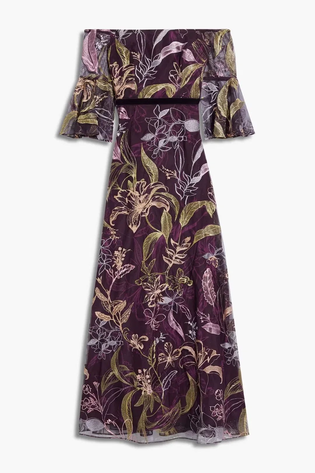 Marchesa Notte Embroidered Burgundy Gown Floral Size 8 for rent on The Volte - main image