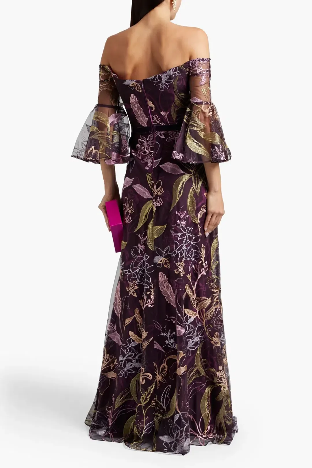 Marchesa Notte Embroidered Burgundy Gown Floral Size 8 for rent on The Volte - main image