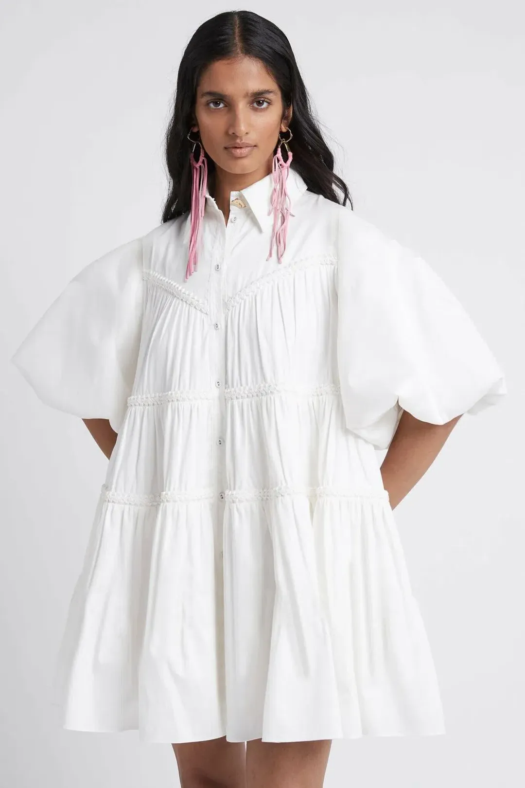 Aje Casabianca Puff Sleeve Shirt Smock Dress Ivory Size 6 for rent on The Volte - main image