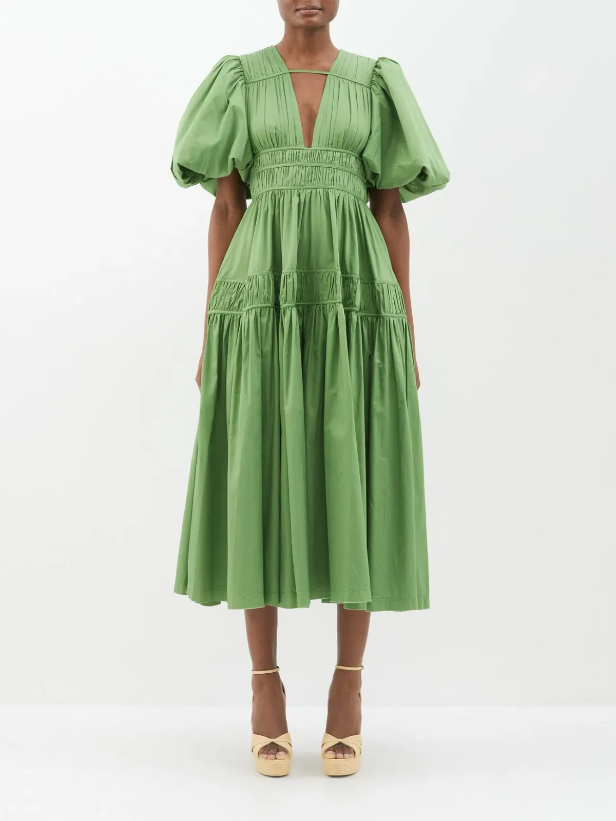 Aje Fallingwater Pintuck Pleated Cotton Midi Dress Green Size 8 for rent on The Volte - main image