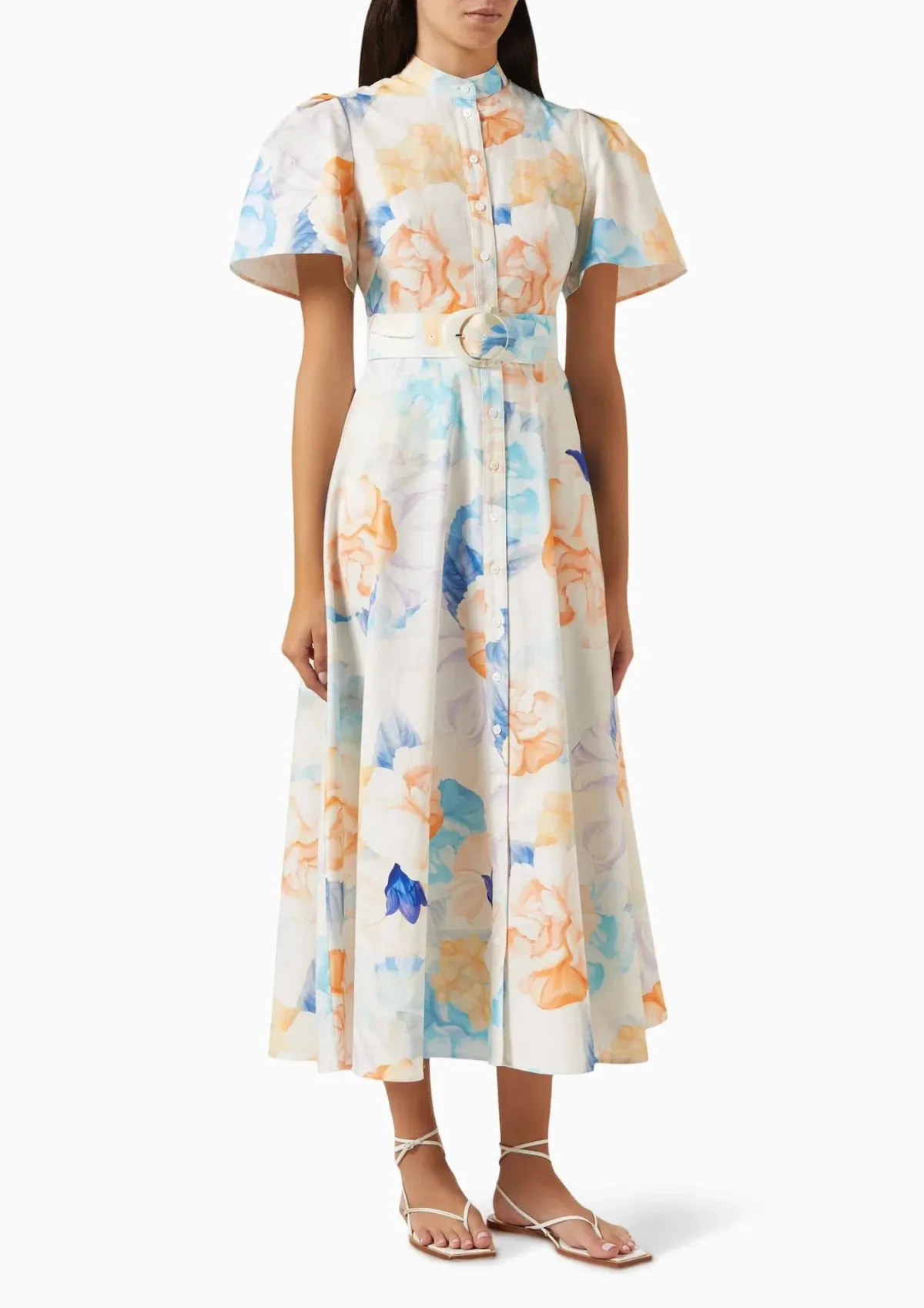 Leo Lin Bianca Short Sleeve Midi Dress Rosebud Floral Print in Cream Size 16 - Image 1