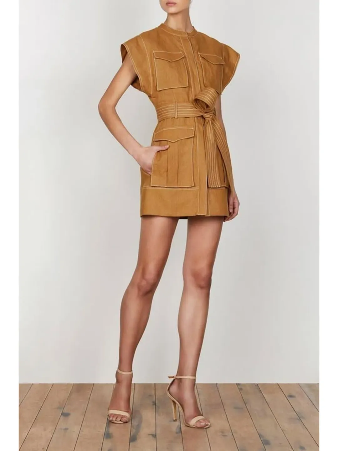 Shona Joy Eams Linen Utility Mini Dress in Nutmeg Size AU 8 for rent on The Volte - main image