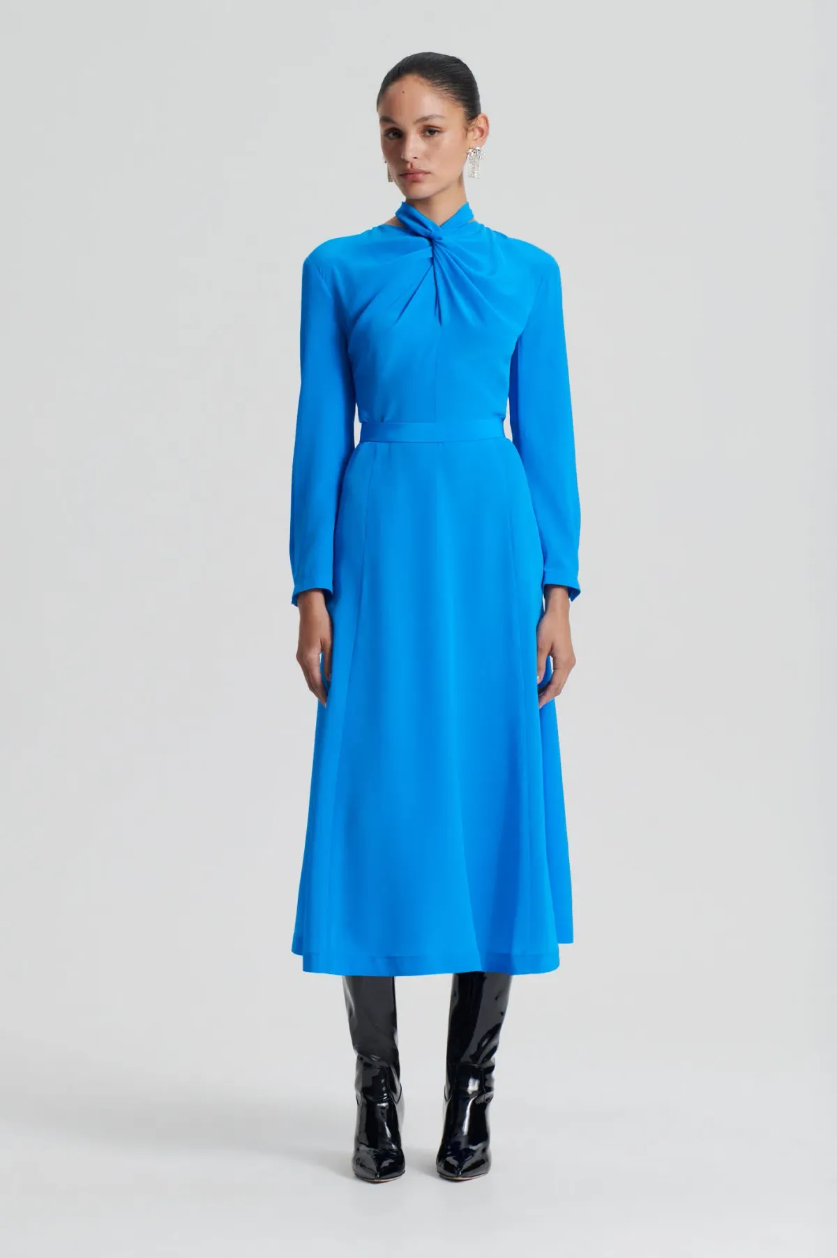 Scanlan Theodore Silk Drape Neck Midi Dress Bright Blue Size 12 for rent on The Volte - main image
