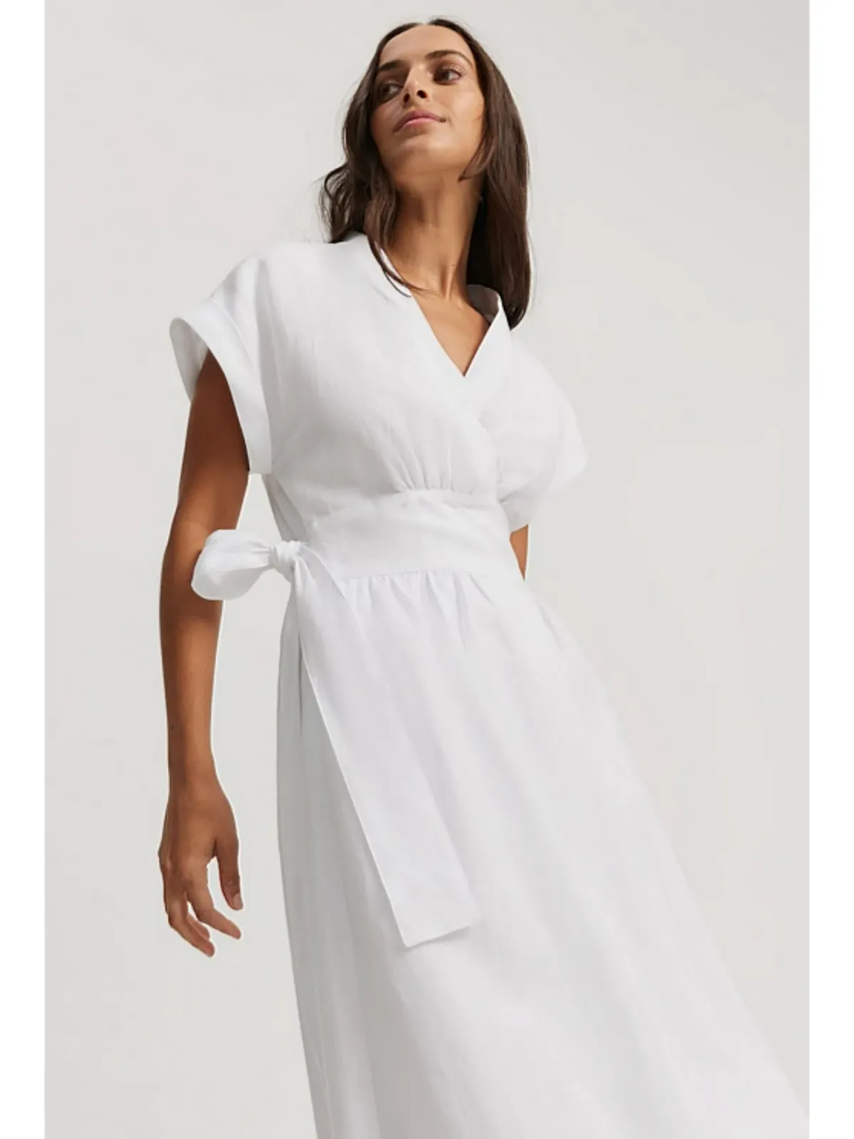 Country Road Organically Grown Linen Wrap Midi Dress White Size AU 10 - Image 2