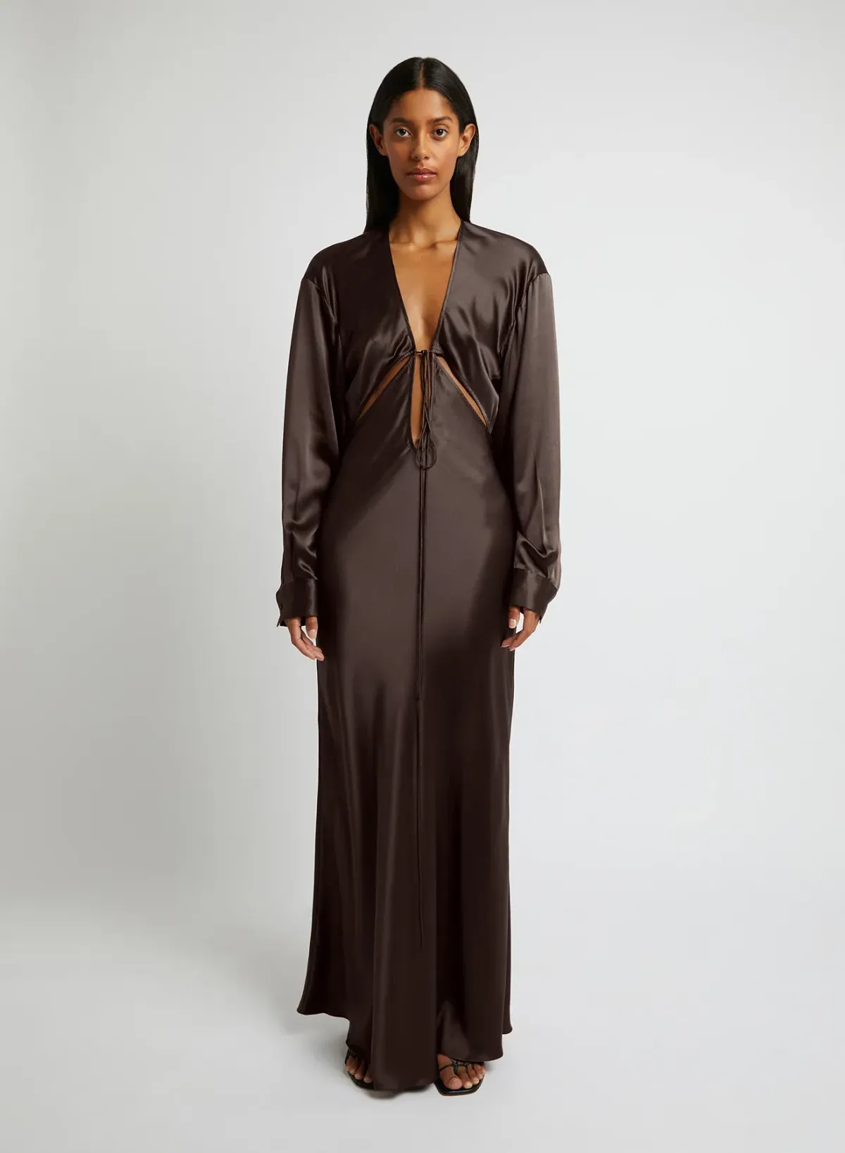 Christopher Esber Triquetra Front Tie Shirt Dress in Cocoa Size AU 8 for rent on The Volte - main image