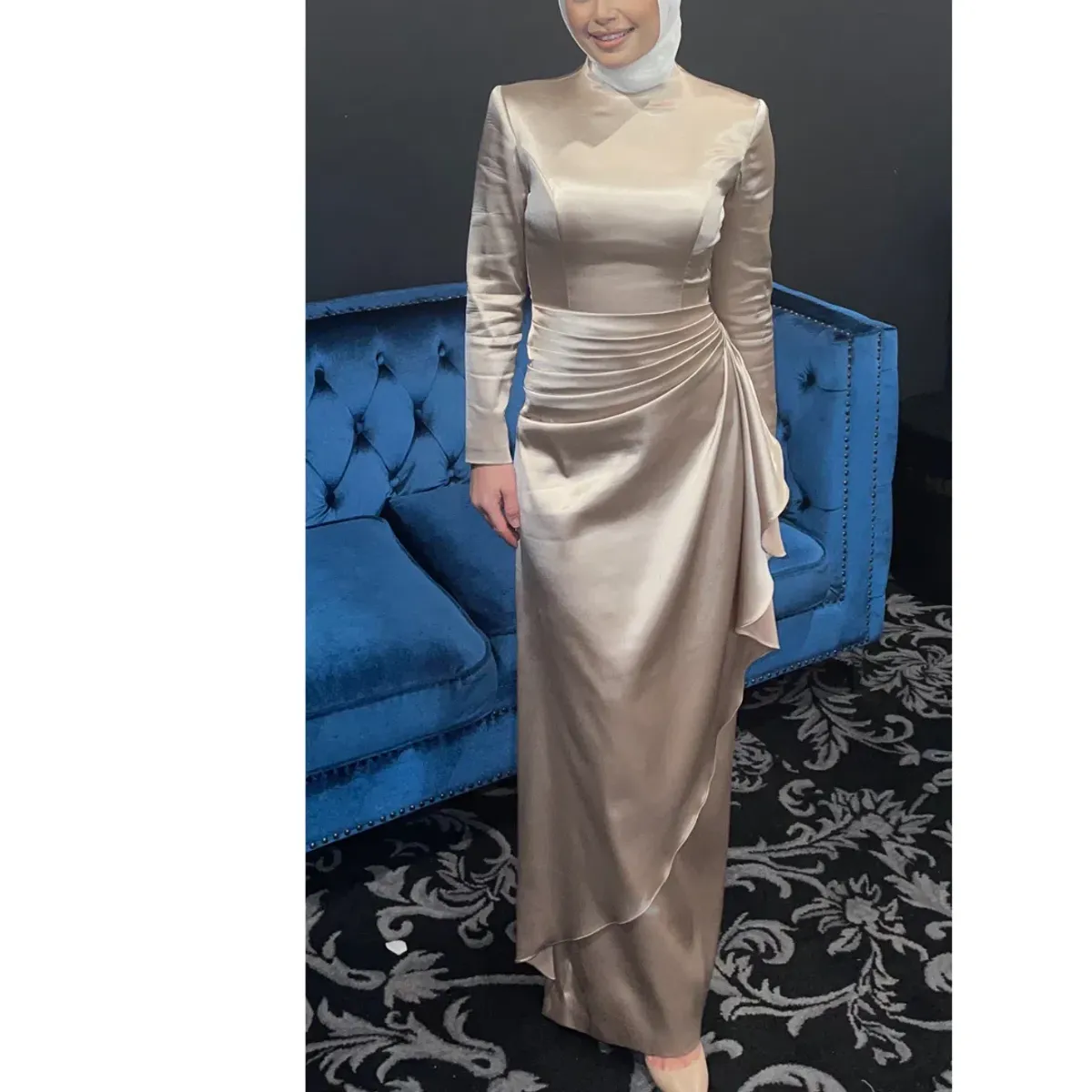 Jafrie By R Satin Long Sleeve Dress Gold Size 8 - Image 1
