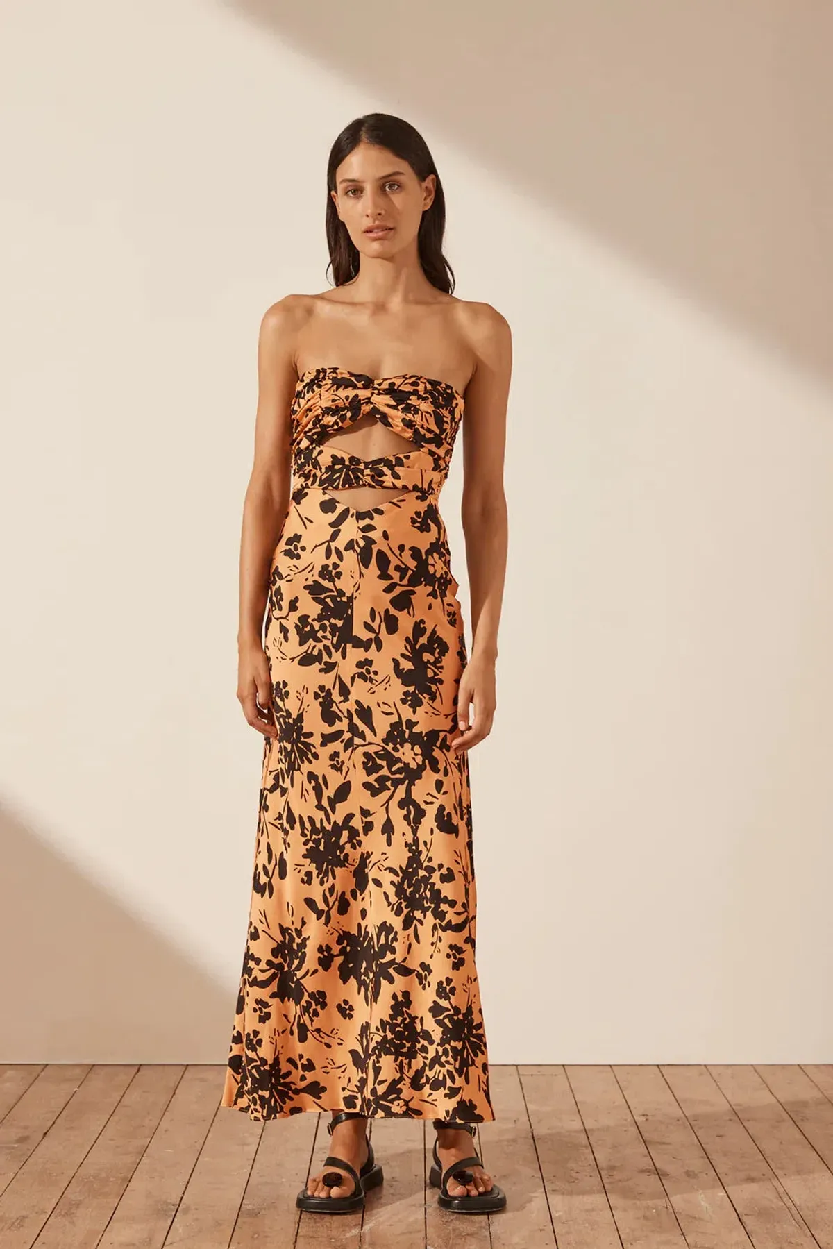 Shona Joy Solare Strapless Cut Out Ruched Midi Dress Floral Size 6 for rent on The Volte - main image