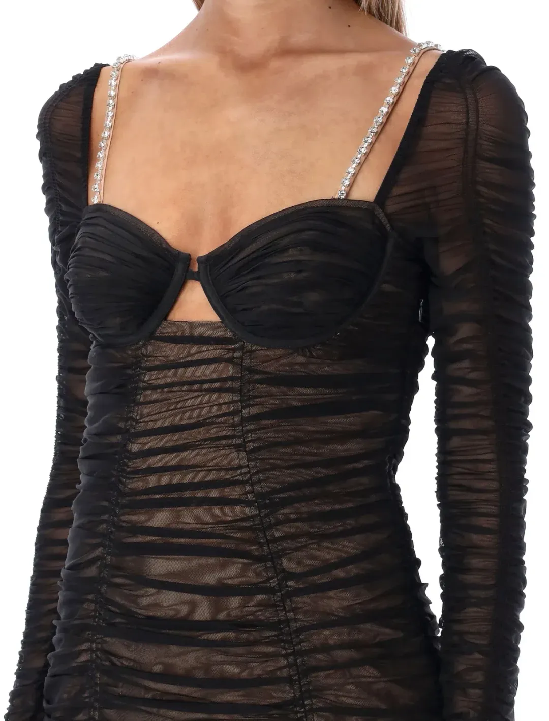 Self Portrait Crystal-Embellished Cutout Ruched Stretch-Mesh Midi Dress Black Size AU 12 for rent on The Volte - main image