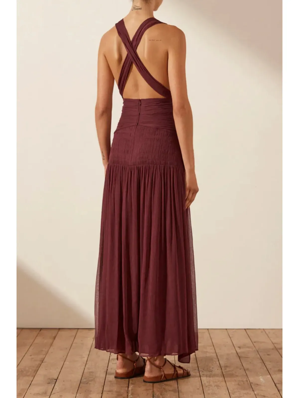 Shona Joy Marquis Plunged Tie Back Midi Dress in Deep Wine Size AU 10 - Image 3