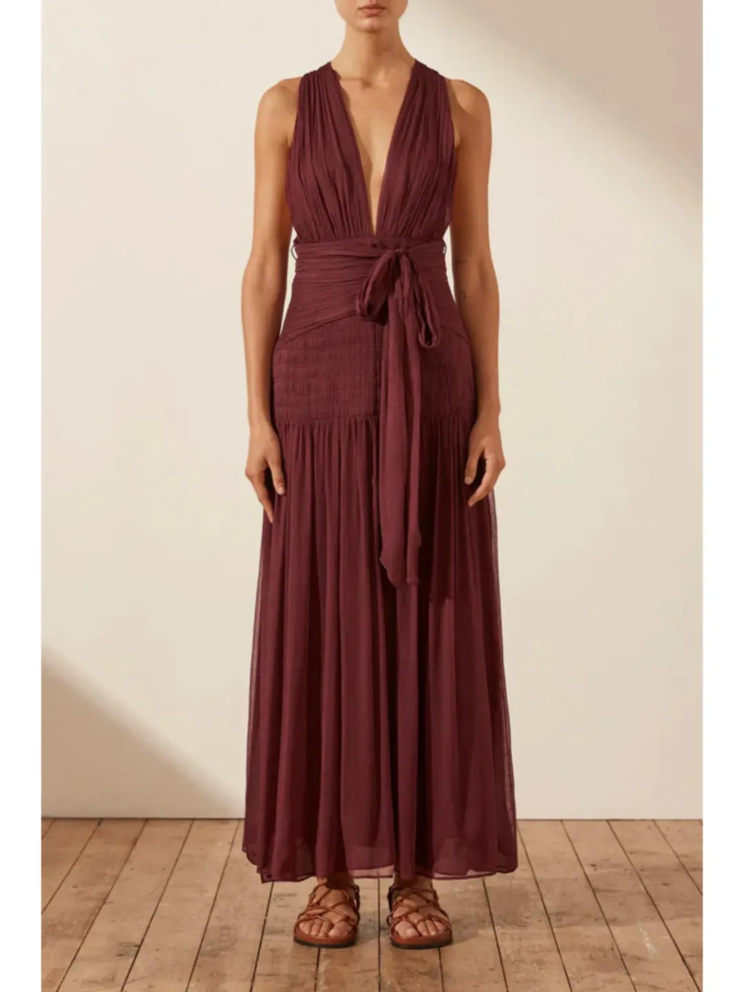 Shona Joy Marquis Plunged Tie Back Midi Dress in Deep Wine Size AU 10 for rent on The Volte - main image