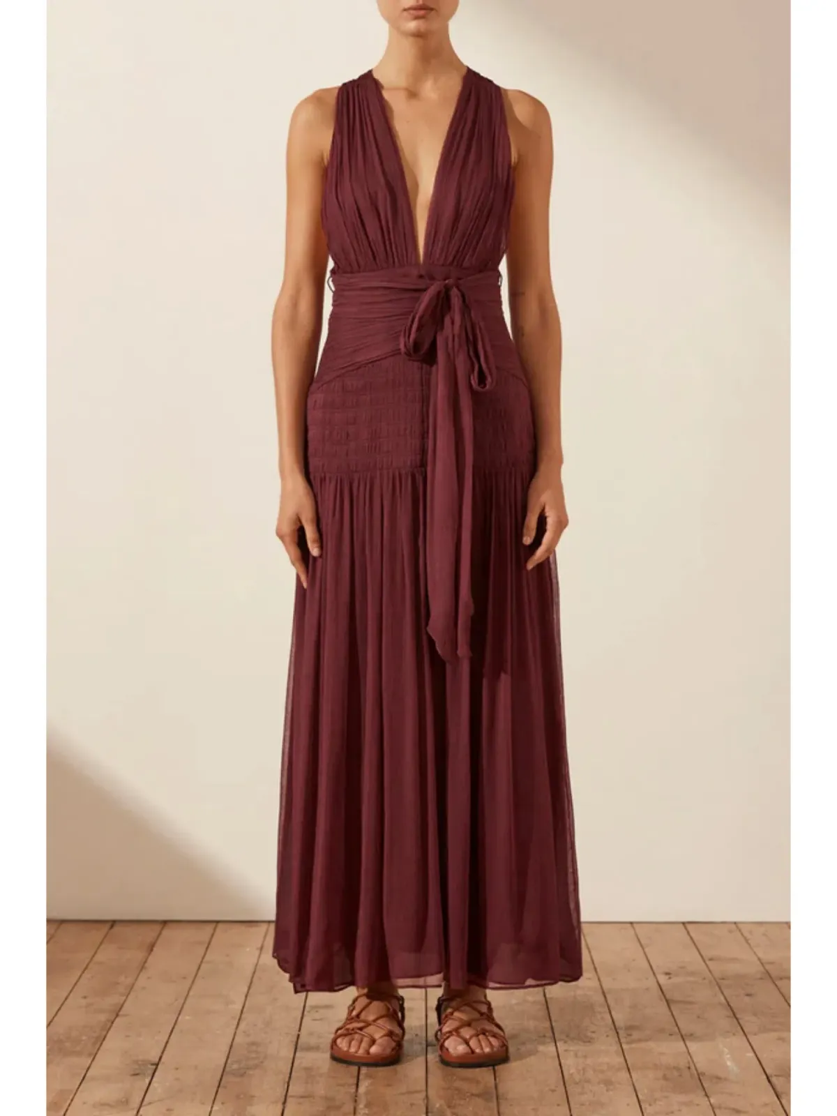 Shona Joy Marquis Plunged Tie Back Midi Dress in Deep Wine Size AU 10 - Image 1