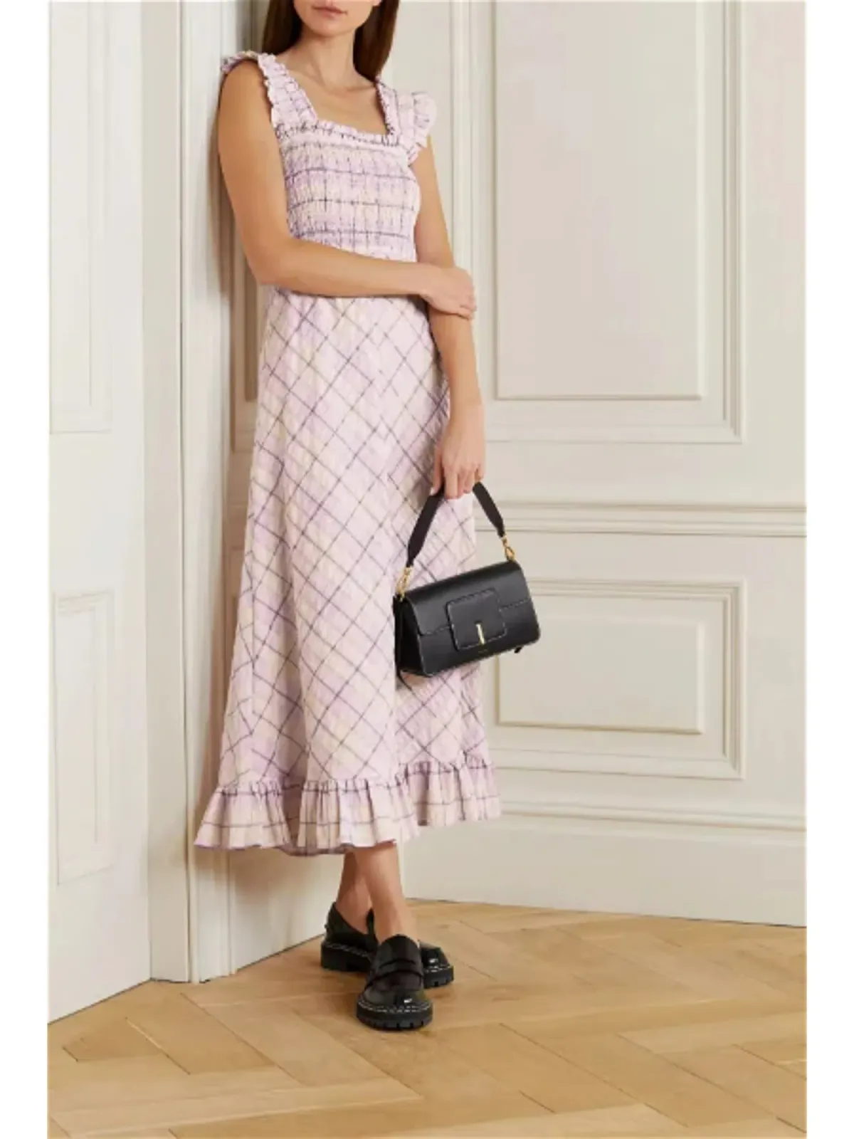 Ganni Ruffle-trim Seersucker Checked Midi Dress In Multi Size AU 10 - Image 1