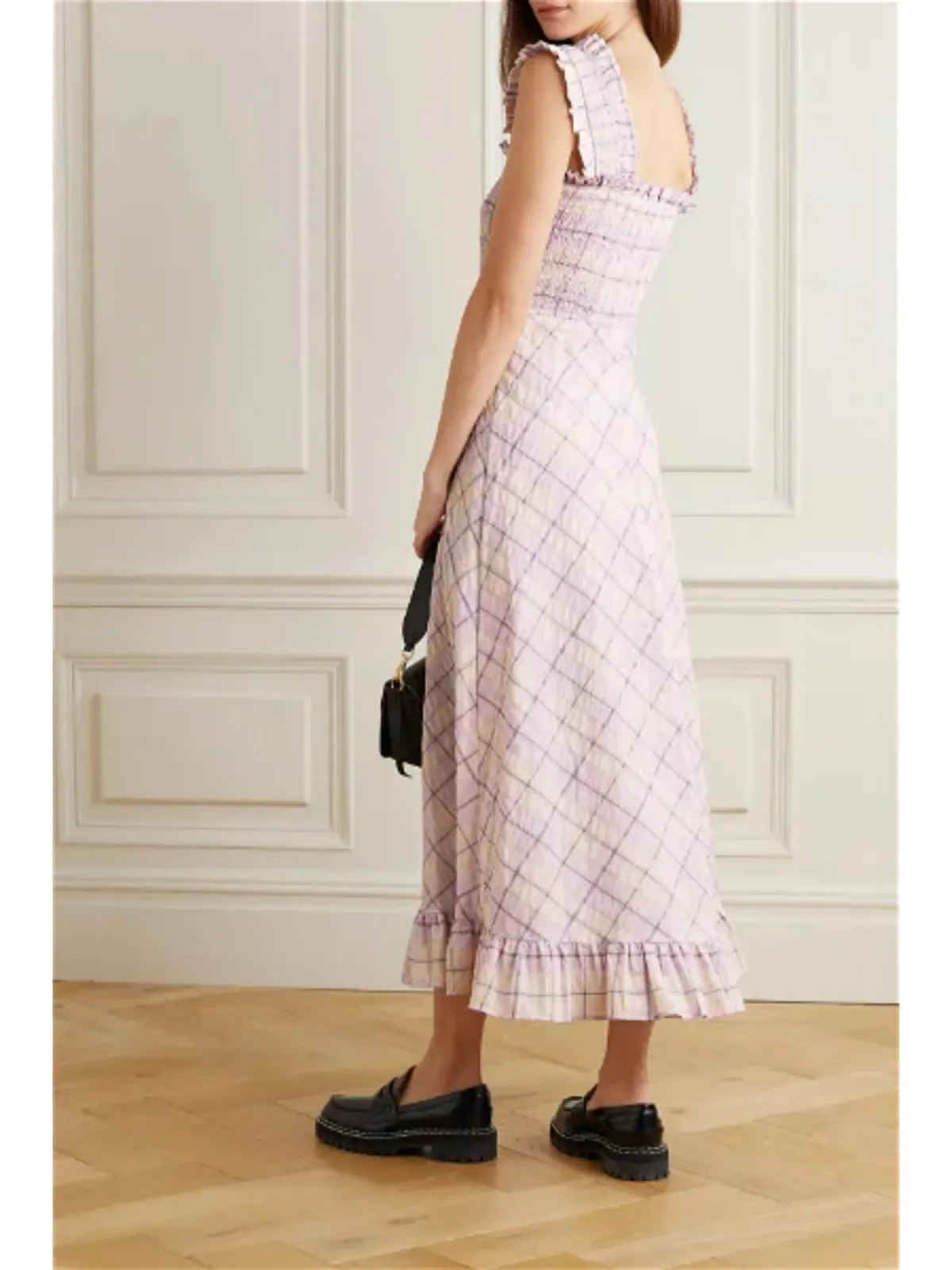 Ganni Ruffle-trim Seersucker Checked Midi Dress In Multi Size AU 10 - Image 2