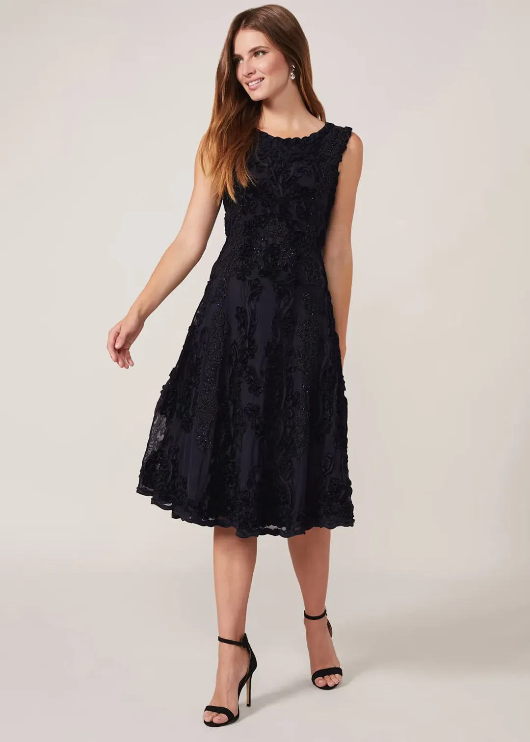 Phase Eight Penelope Tapework Lace Flared Dress Black Size 14 for rent on The Volte - main image