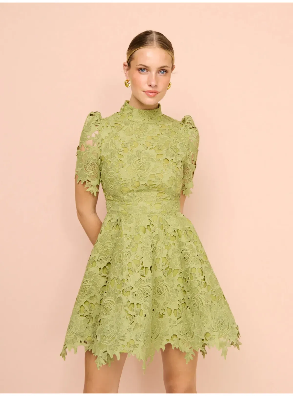 Leo Lin Elise Lace Short Sleeve Mini Dress in Olive Size AU 12 - Image 3