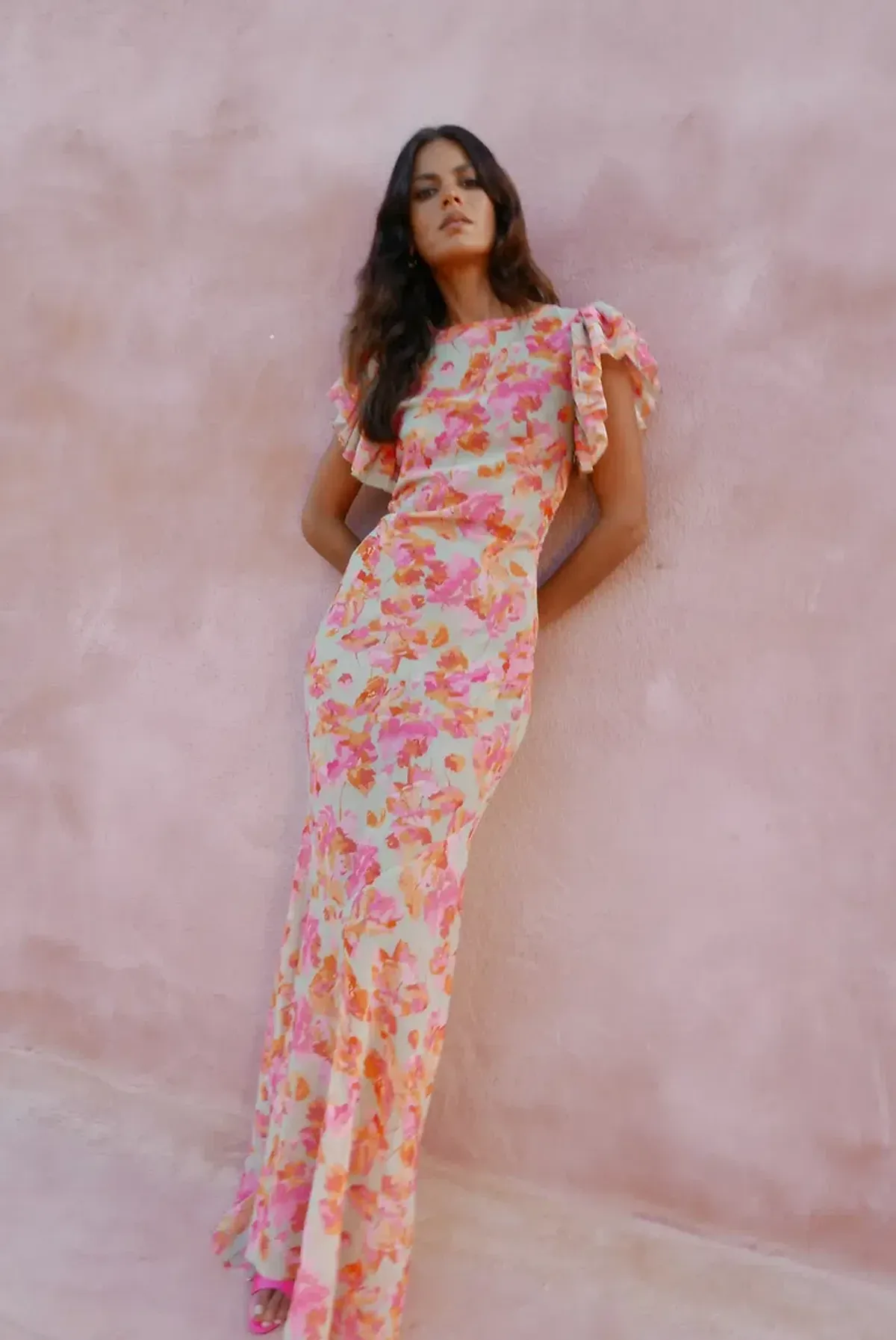De La Vali Bougainvillea Maxi Dress Chiffon Sage Floral Size 6 - Image 1