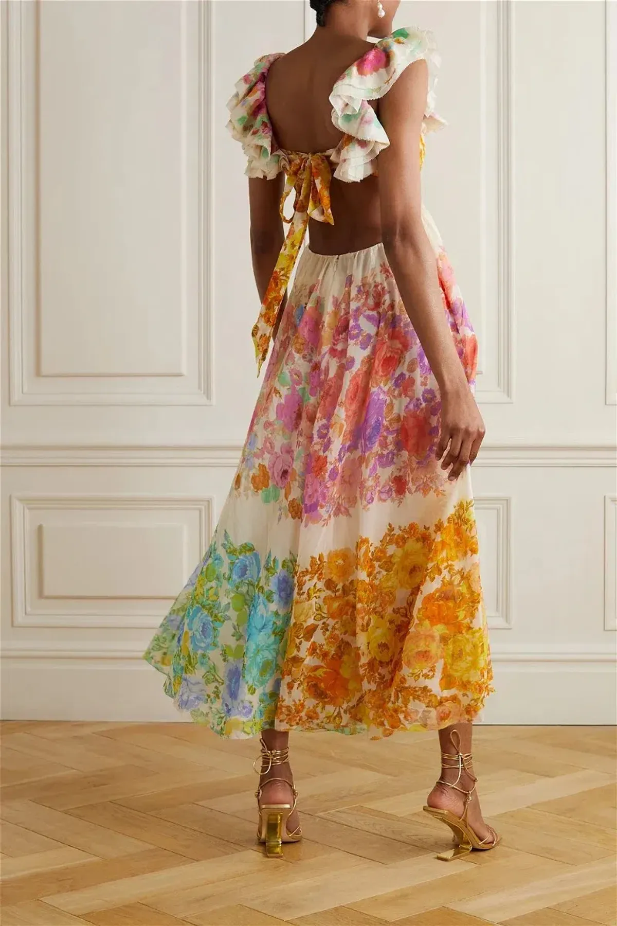Zimmermann Raie Cut Out Ruffled Printed Silk-Chiffon Midi Dress Multi Floral Size 4/ AU 16 - Image 2