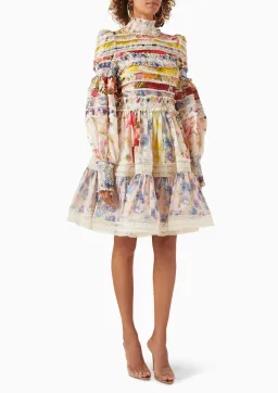 Zimmermann The Wonderland Smocked Mini Dress in Spliced Multi Floral Size 2 / AU 12 for rent on The Volte - image 1