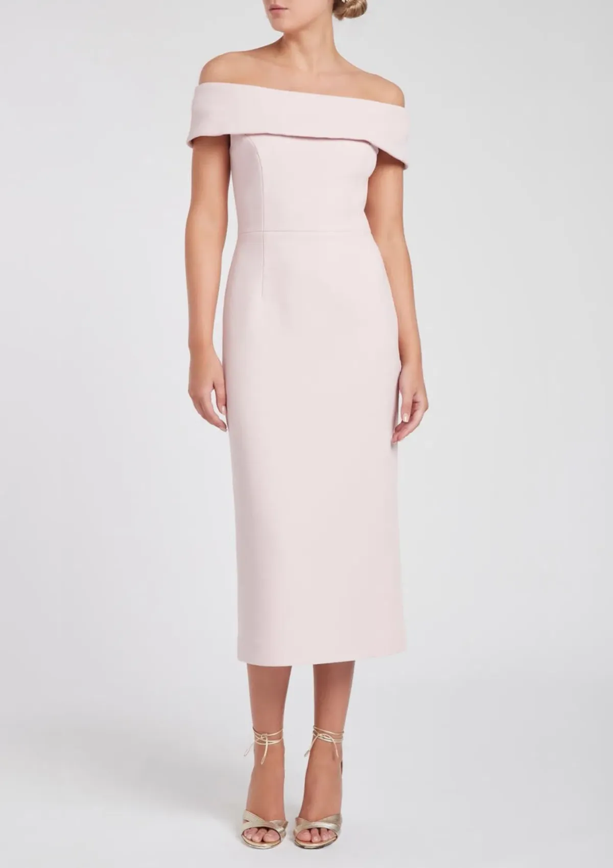 Rebecca Vallance Amore Off The Shoulder Midi Dress Pink Size 6 for rent on The Volte - main image