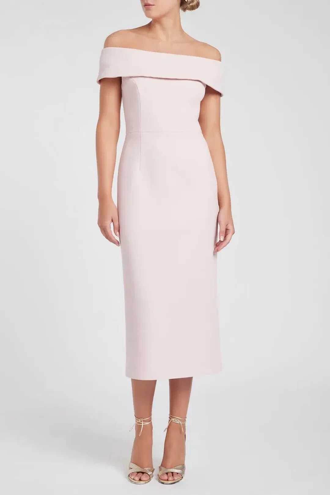 Rebecca Vallance Amore Off The Shoulder Midi Dress Pink Size 6 for rent on The Volte - main image