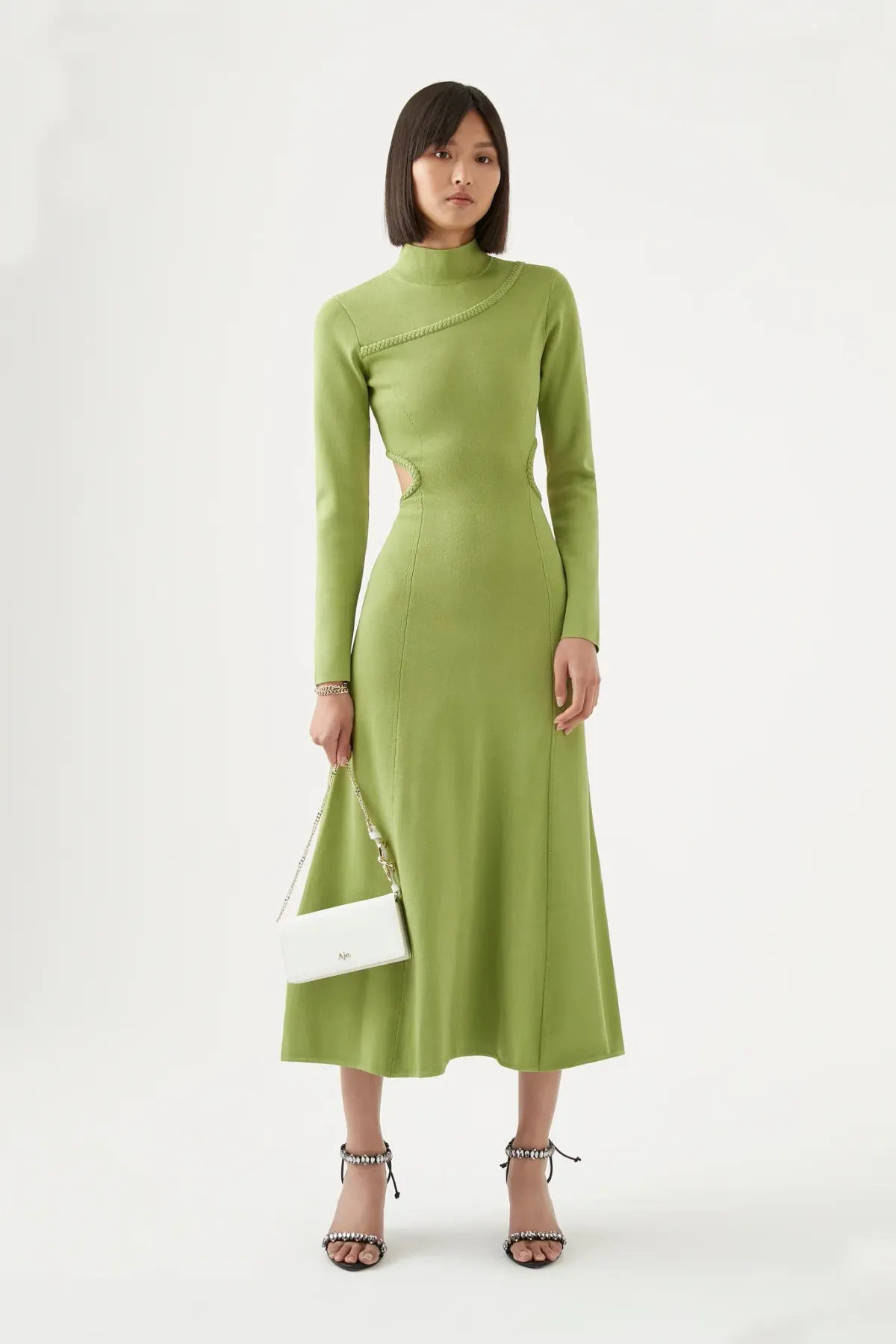 Aje Green Amelie Braided Cut Out Knit Midi Dress Green Size L/AU 12 - Image 1