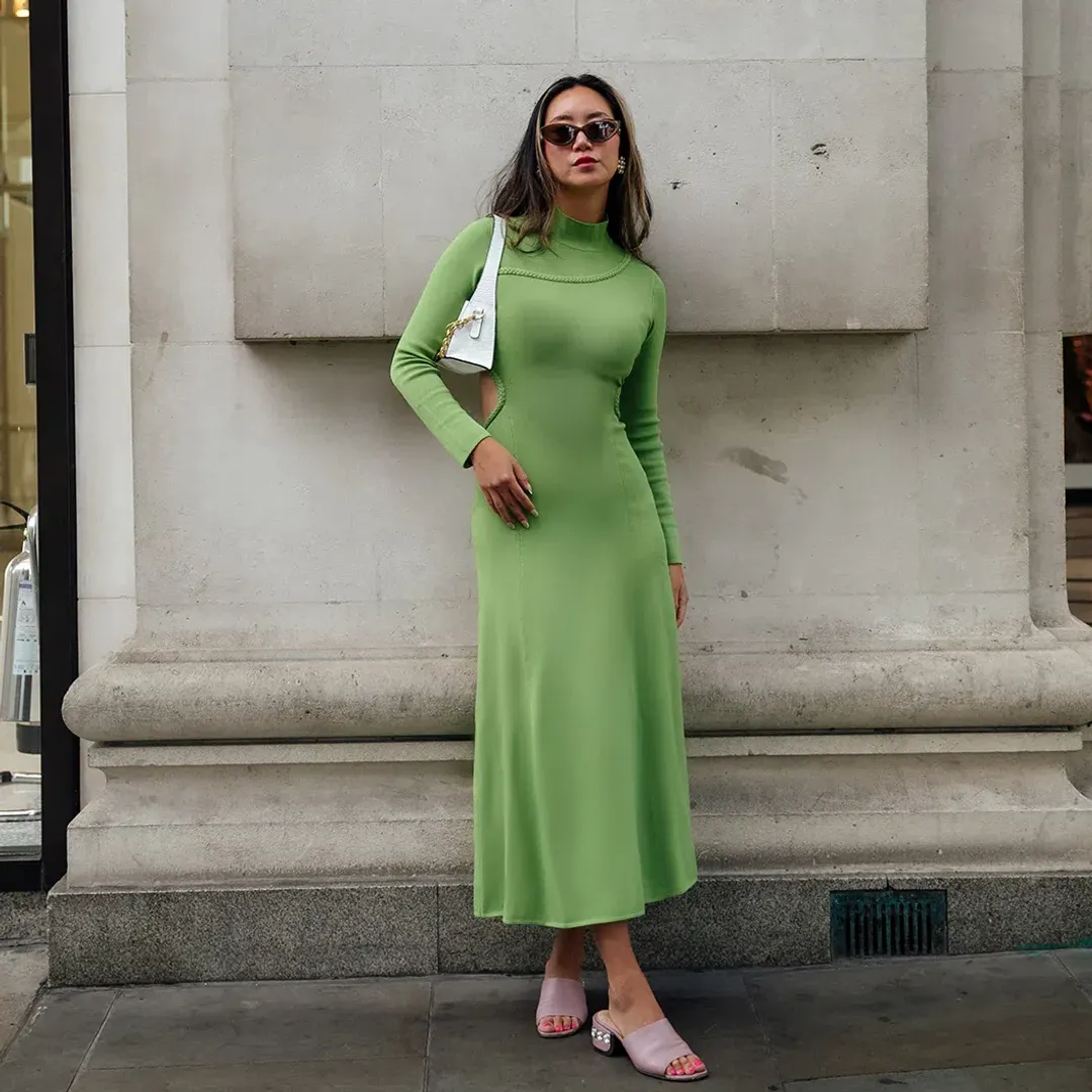 Aje Green Amelie Braided Cut Out Knit Midi Dress Green Size L/AU 12 for rent on The Volte - main image