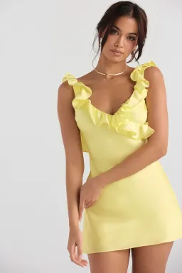 House of CB Tink Satin Ruffle Mini Dress Buttercup Size M/AU 10 for rent on The Volte - image 8