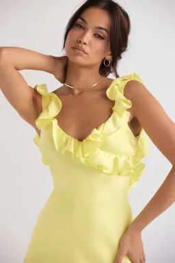 House of CB Tink Satin Ruffle Mini Dress Buttercup Size M/AU 10 for rent on The Volte - image 6
