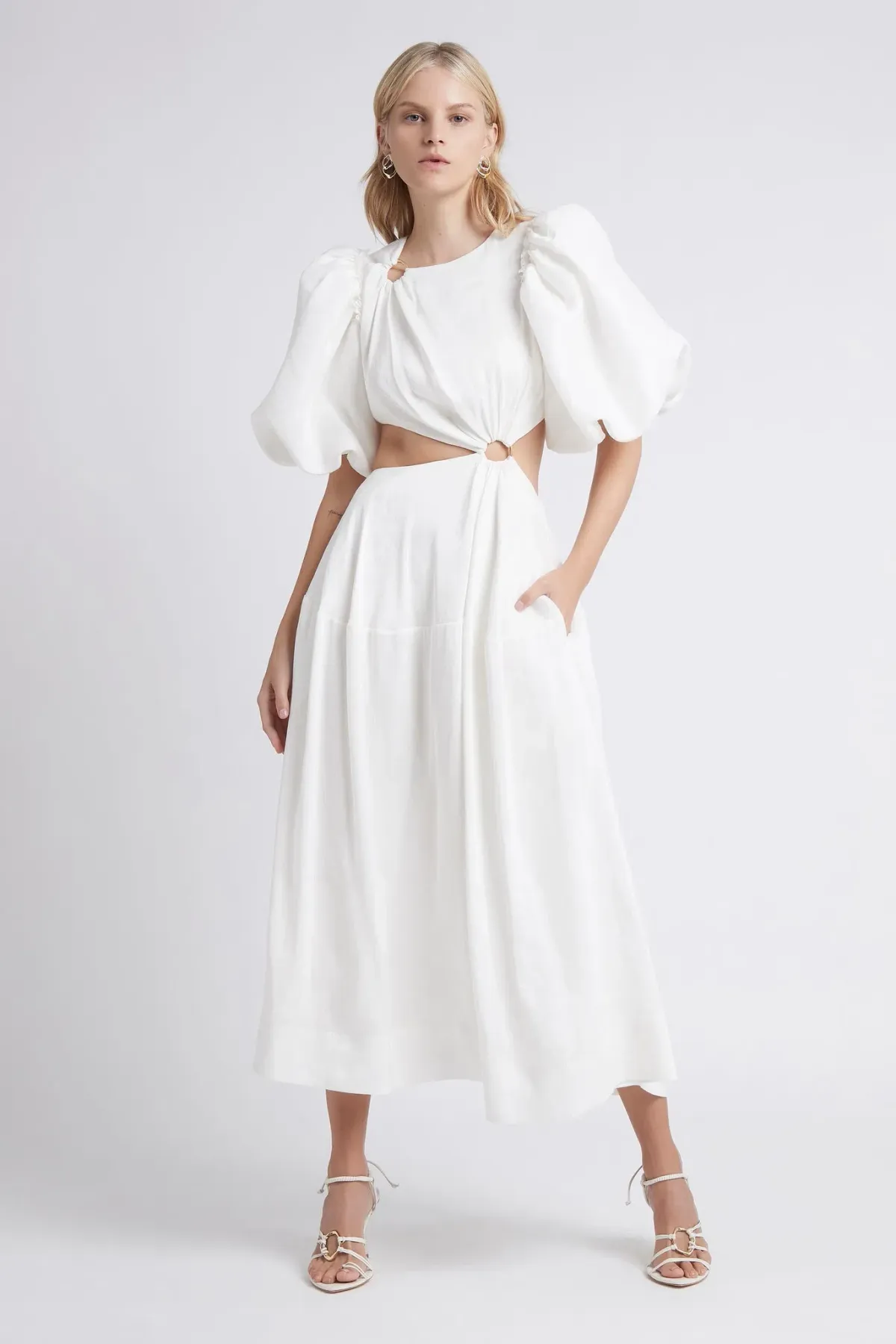 AJE Vanades Cut Out Ring Midi Dress Ivory Size 6 for rent on The Volte - main image