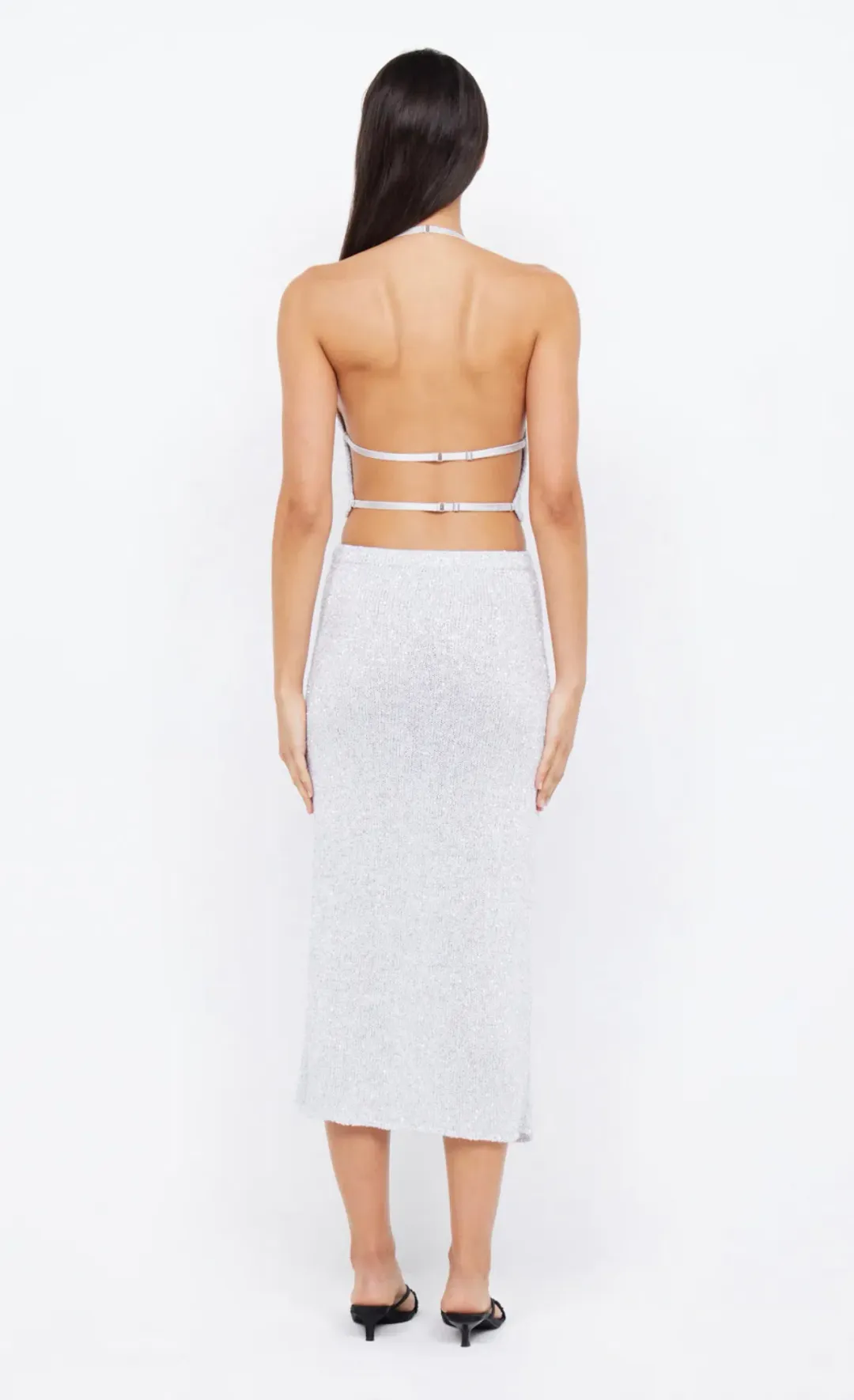 Bec & Bridge Sadie Sequin Knit Crop Top and Maxi Skirt Set Crystal Silver Size M / AU 10 for rent on The Volte - main image